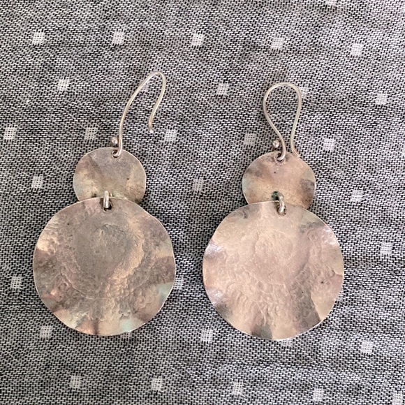 Silver Disc Earrings with Flower & Geometric Emboss - Picture 4 of 6